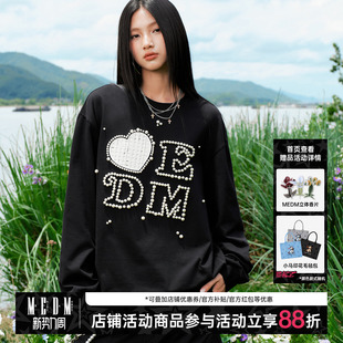 MEDM爱心贴小香风面料钉珠长袖 上衣秋 T恤街头潮牌情侣休闲打底衫