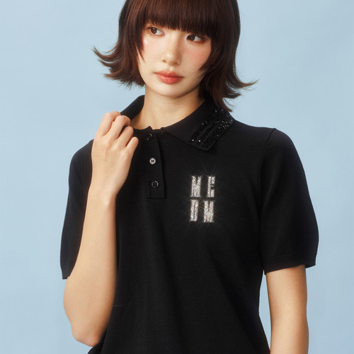 MEDM亮片烫钻polo领显瘦T恤女