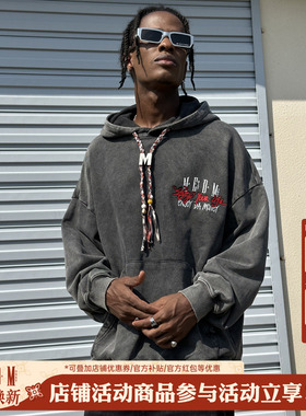 MEDM潮牌M扣编织绳连帽卫衣男春秋季国潮设计感街头复古休闲帽衫