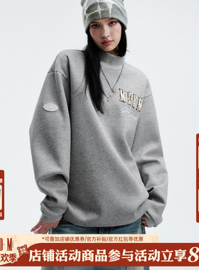 MEDM 立领双层拼皮logo休闲半高领卫衣美式百搭男女百搭宽松上衣