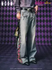 Medmxjojo's Bizarre Adventure Collaboration - Zippered Plaid Casual Jeans, Washed and Distressed, Slightly Stretchy, Floor-Length Pants