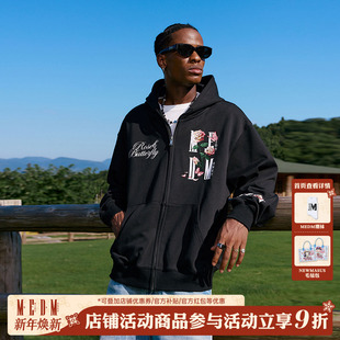 卫衣春秋男女同款 开衫 情侣外套 美式 MEDM折纸花卉拉链刺绣印花帽衫