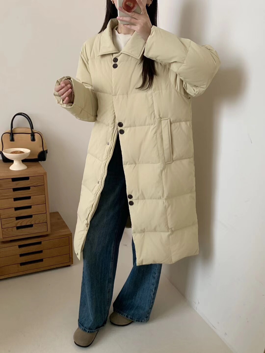 韩国纯色简约白鸭绒优质长款过膝羽绒服女2025冬季新款收腰女外套