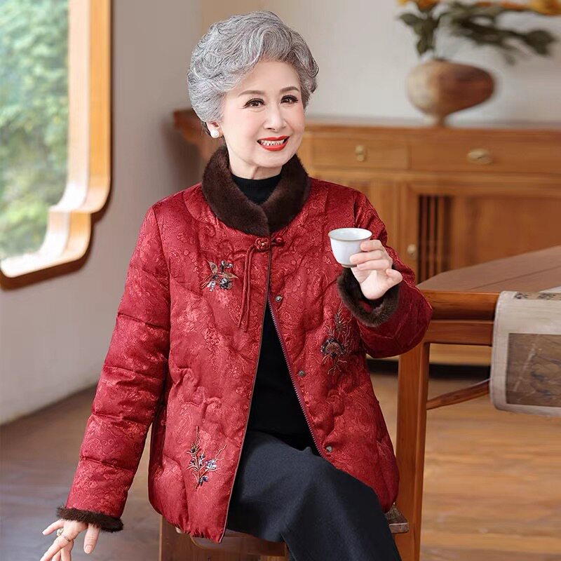 妈妈装立领羽绒服新中式刺绣保暖婆婆上衣冬天中老年女白鸭绒外套