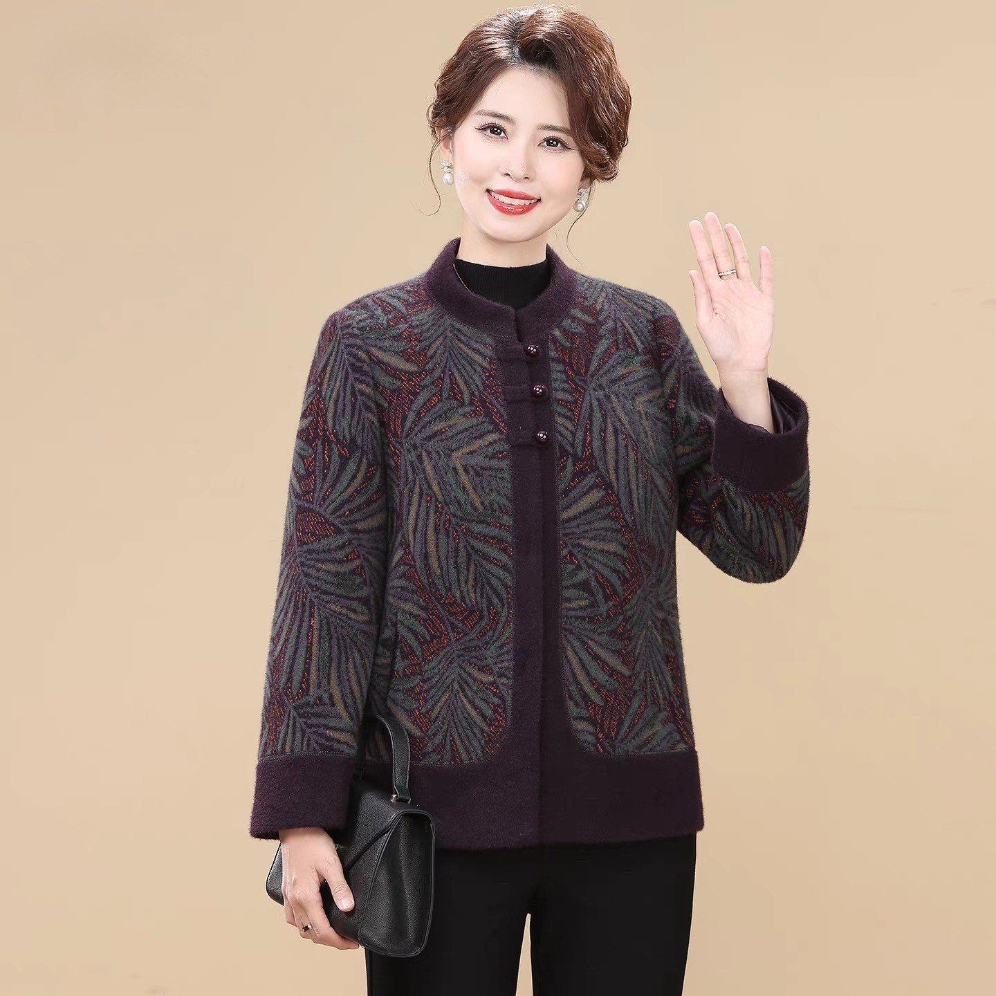 时尚妈妈装中式水貂绒大衣2025新款洋气奶奶装毛呢外套中老年上衣