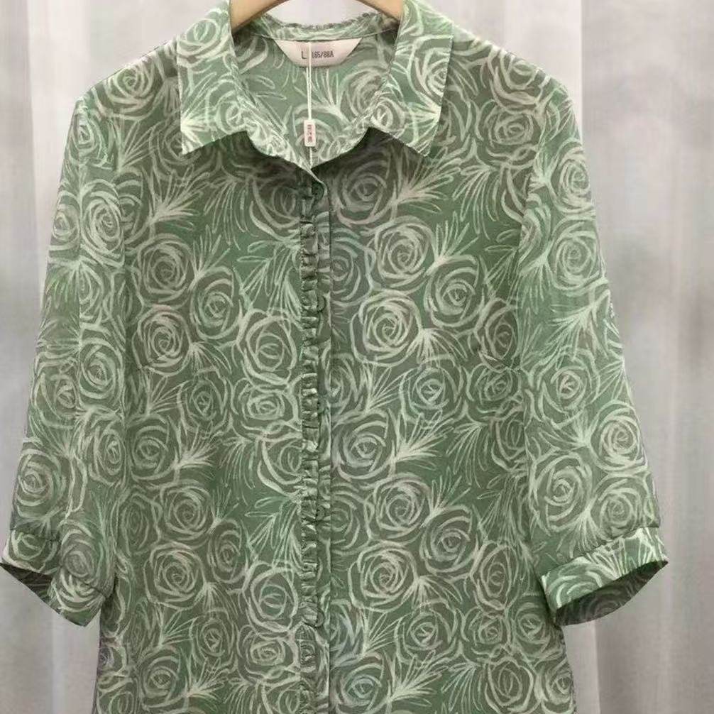 Q35086妈妈夏装新款七分袖老年人衬衣60岁70奶奶花色衬衫秋之歌