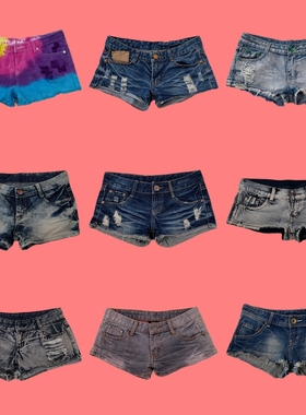 C21古着美式复古街头朋克骷髅嬉皮废土Y2K千禧辣妹低腰牛仔短裤