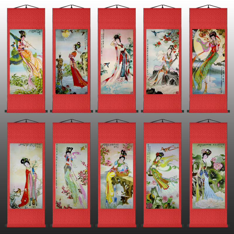 丝绸十二花神仕女秋千包厢字画