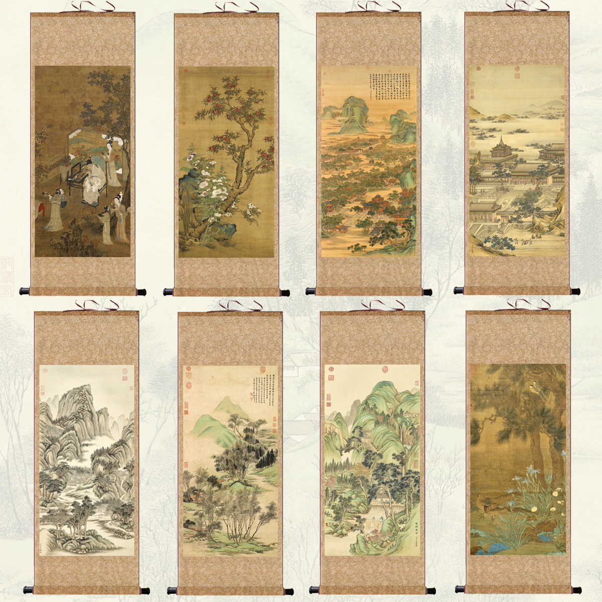 天中华瑞图丝绸卷轴画仿古国画高清复刻装饰画客厅酒店名家字挂画