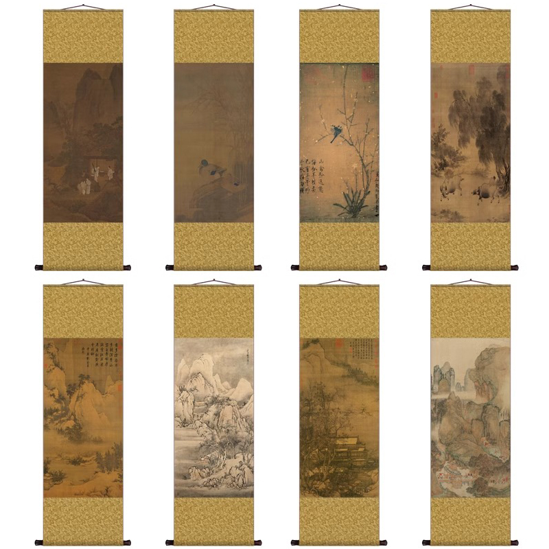 北宋名家山水字画仿古挂画茶楼直播间卷轴装饰画名家丝绸挂画
