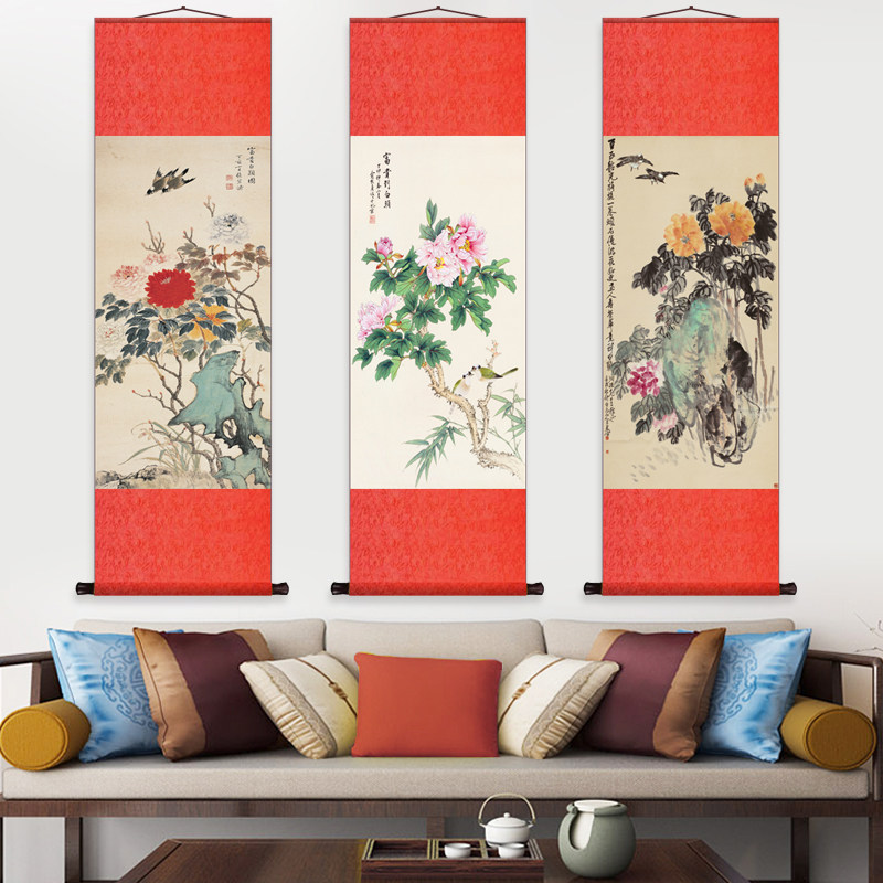 俞致贞牡丹花鸟挂画酒店茶楼仿古风水画丝绸礼品名家字画风水挂画