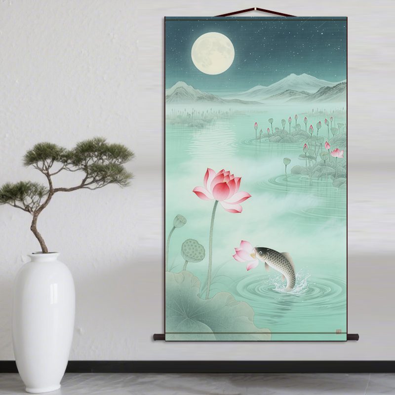 浅绿荷花 新中式古风装饰画背景墙客厅走廊定制丝绸卷轴画图片