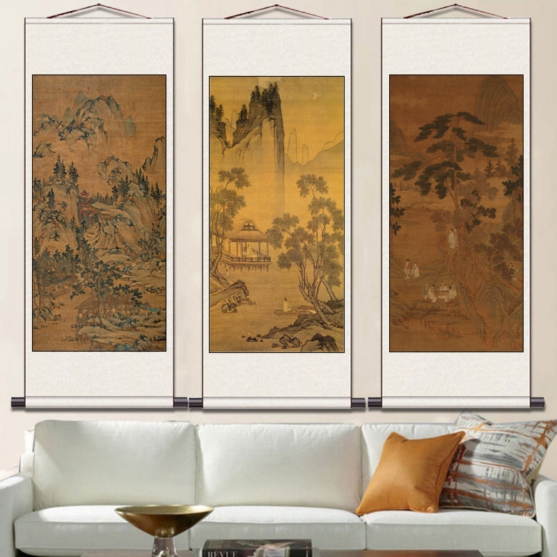 唐寅山水横幅巨幅字画背景挂画靠山卷轴画办公室装饰丝绸礼品画