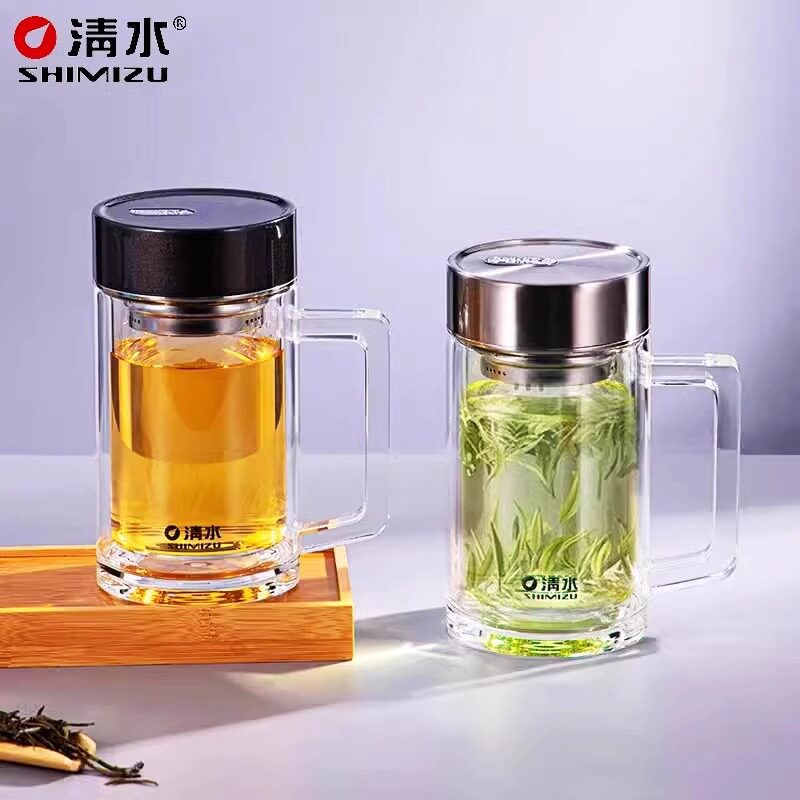 清水双层高硼硅玻璃茶水杯带把手办公杯316茶漏男泡茶水杯SM-8281