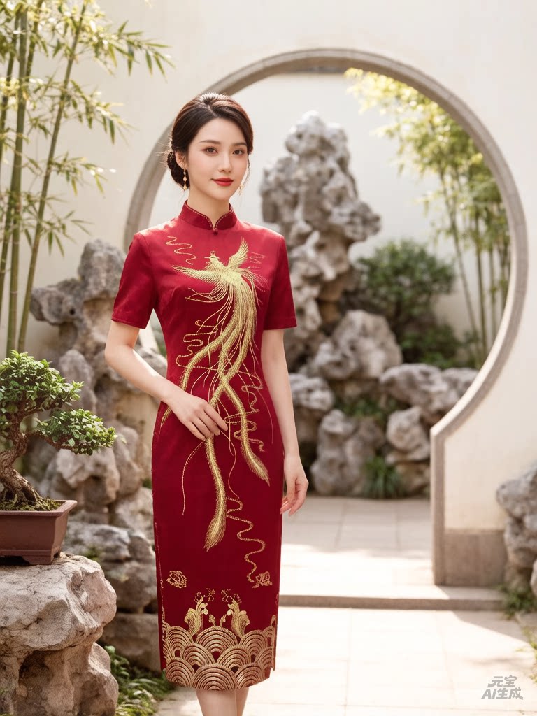 高贵妈妈婚宴旗袍连衣裙凤凰花开刺绣喜婆婆醋酸礼服秋2308