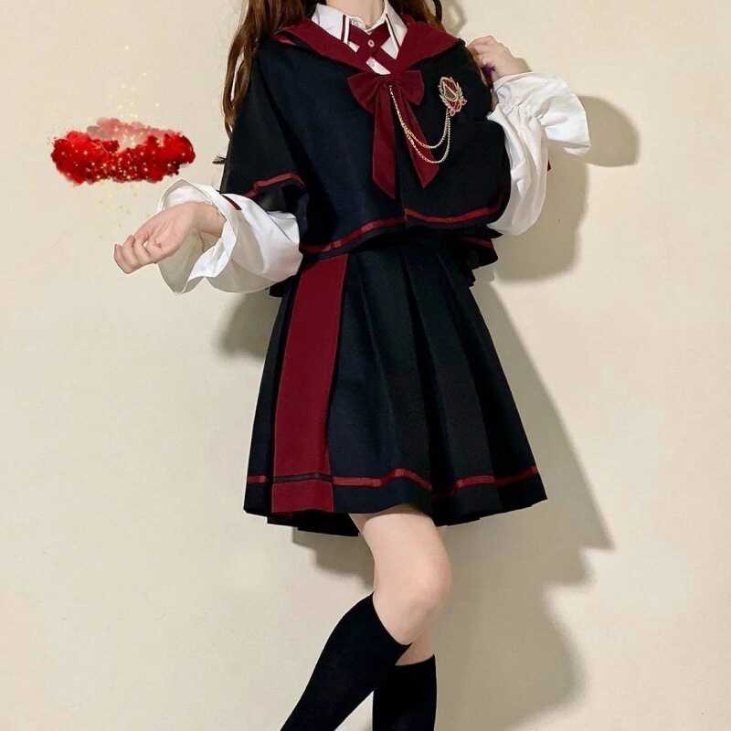 JK女学生韩版宽松日系可爱魔法斗篷+长袖衬衫+半身裙三件套