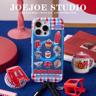 JOEJOE原创红白蓝二合一磁吸手机壳适用苹果iPhone15/14Pro/16ProMax保护套Magsafe支架胶凳复古怀旧港式高级