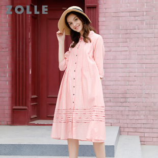 早春名媛五分袖 ZOLLE因为衬衫 子连衣裙格子2020新款 桑蚕丝长袖 式