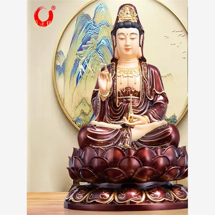 台湾紫铜描金观音菩萨佛像家用供奉南海观音像坐莲观世音菩萨摆件