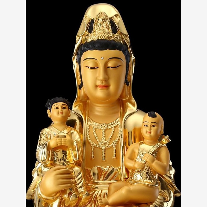 台湾黄铜鎏金送子观音菩萨家用坐莲观音佛像家用供奉送子娘娘摆件