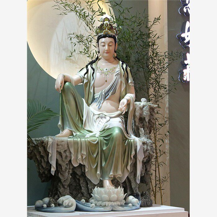 汉白玉彩绘水月观音佛像供奉手工玉雕观自在菩萨佛像家用供佛供奉