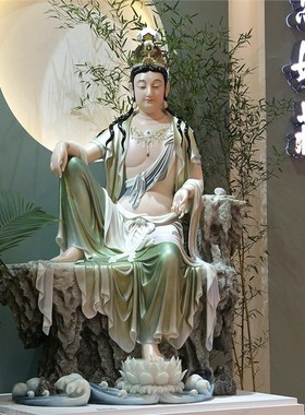 汉白玉彩绘水月观音佛像