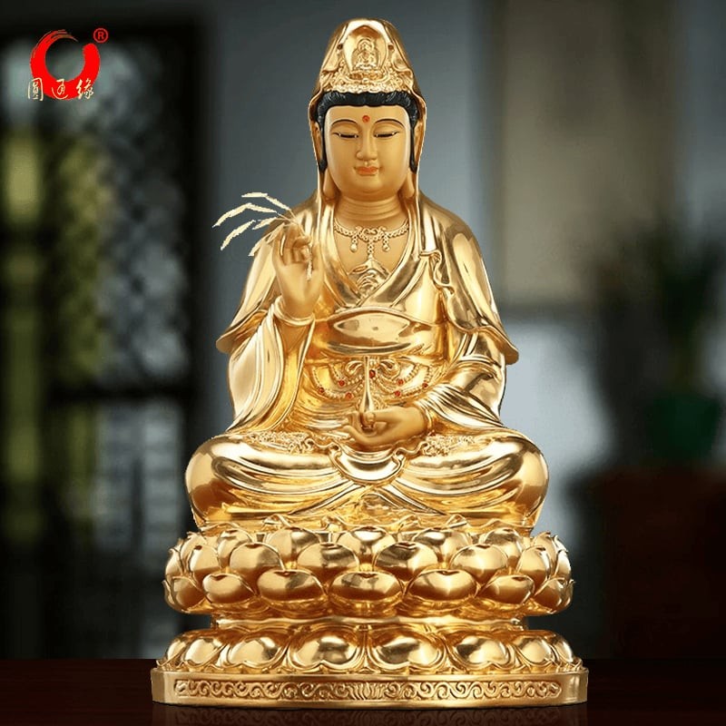 台湾全铜贴金观音佛像观音菩萨像供奉家用娑婆三圣观世音菩萨摆件