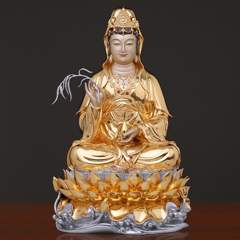 台湾黄铜贴金观音菩萨家用坐莲观音佛像供奉南海观世音菩萨像摆件