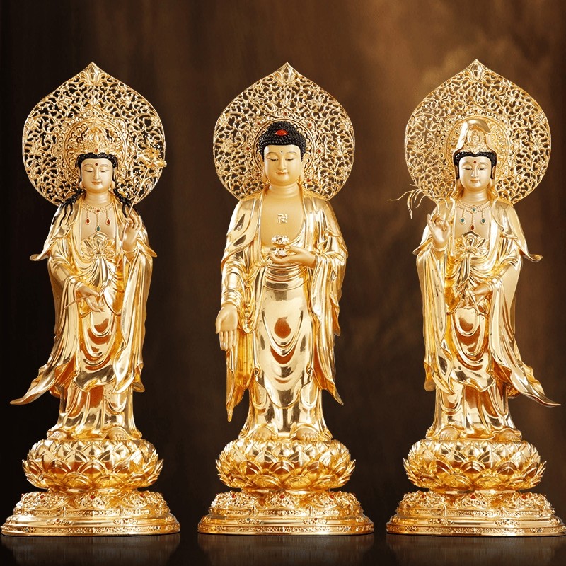 全铜贴金西方三圣佛像观音菩萨站像大势至菩萨阿弥陀佛像供奉摆件