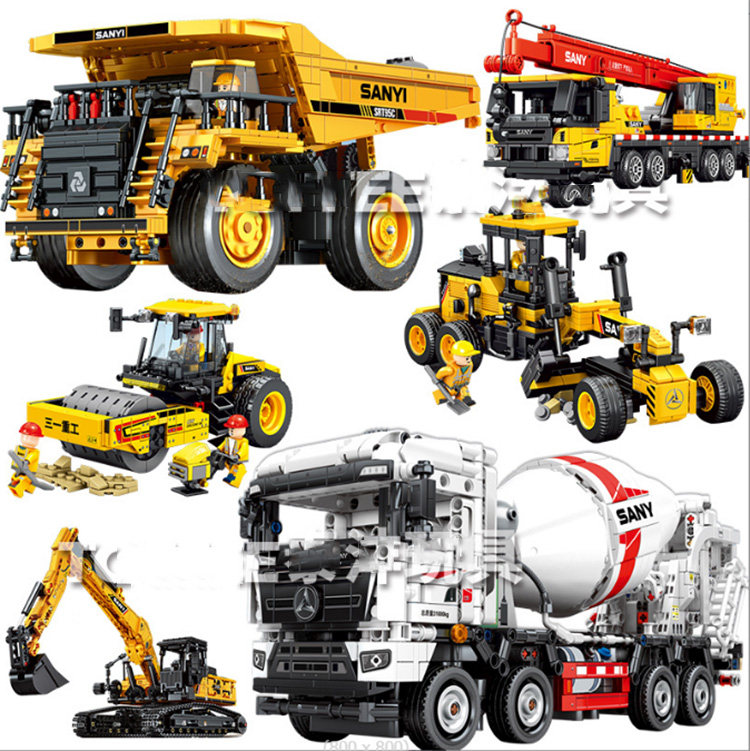 森宝712037三一重工拼装小颗粒工程挖掘起重机男孩积木玩具礼物