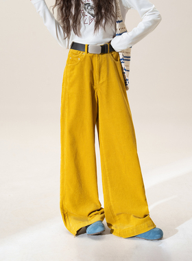 黄色灯芯绒高腰阔腿休闲裤女冬季新款宽松显瘦加厚垂感直筒拖地裤