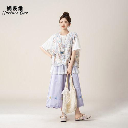 碎花马甲女T恤七分廓形中裤套装