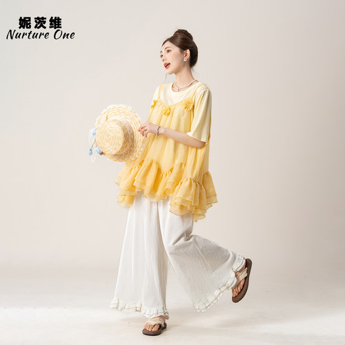 黄色立体花朵吊带背心下摆上衣女