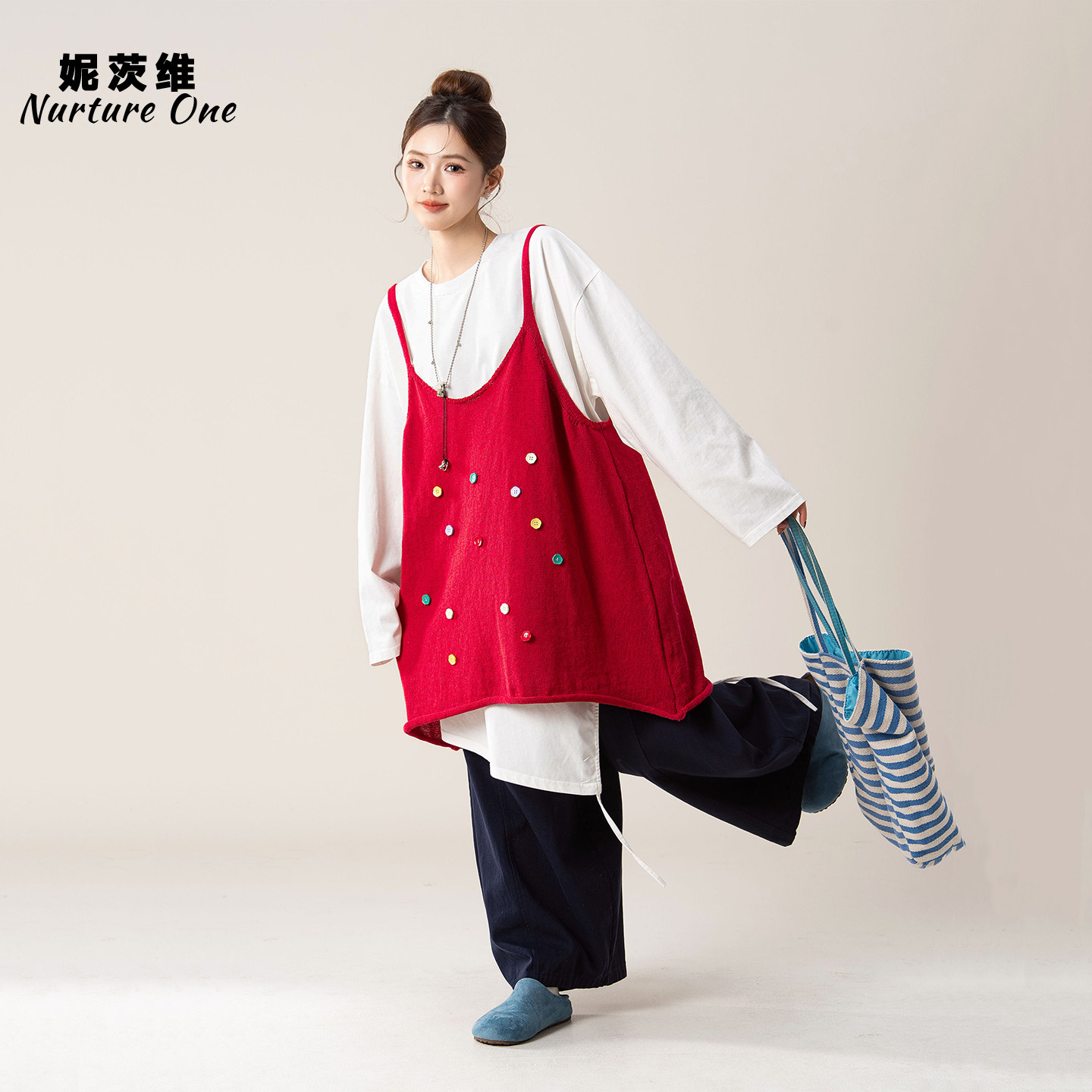 妮茨维【纽扣罩衫】红色叠穿立体扣中长款针织吊带女开春穿搭马甲