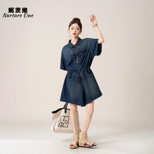 复古翻领牛仔连体短裤休闲裤女