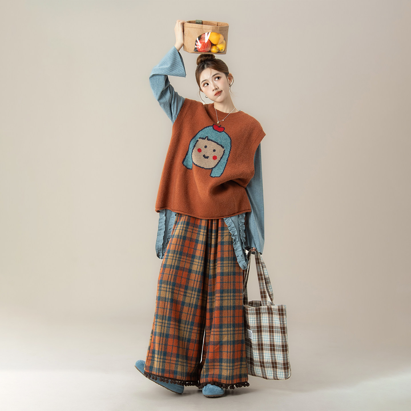 橘色日系复古风圆领卡通女孩针织毛衣背心女春秋新款宽松百搭马甲