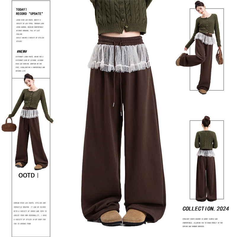 加绒加厚咖色蕾丝拼接休闲裤女春秋新款韩版高腰通勤显瘦阔腿卫裤,女装/女士精品,卫裤,淘宝优惠券,粉丝福利购,淘宝优惠卷