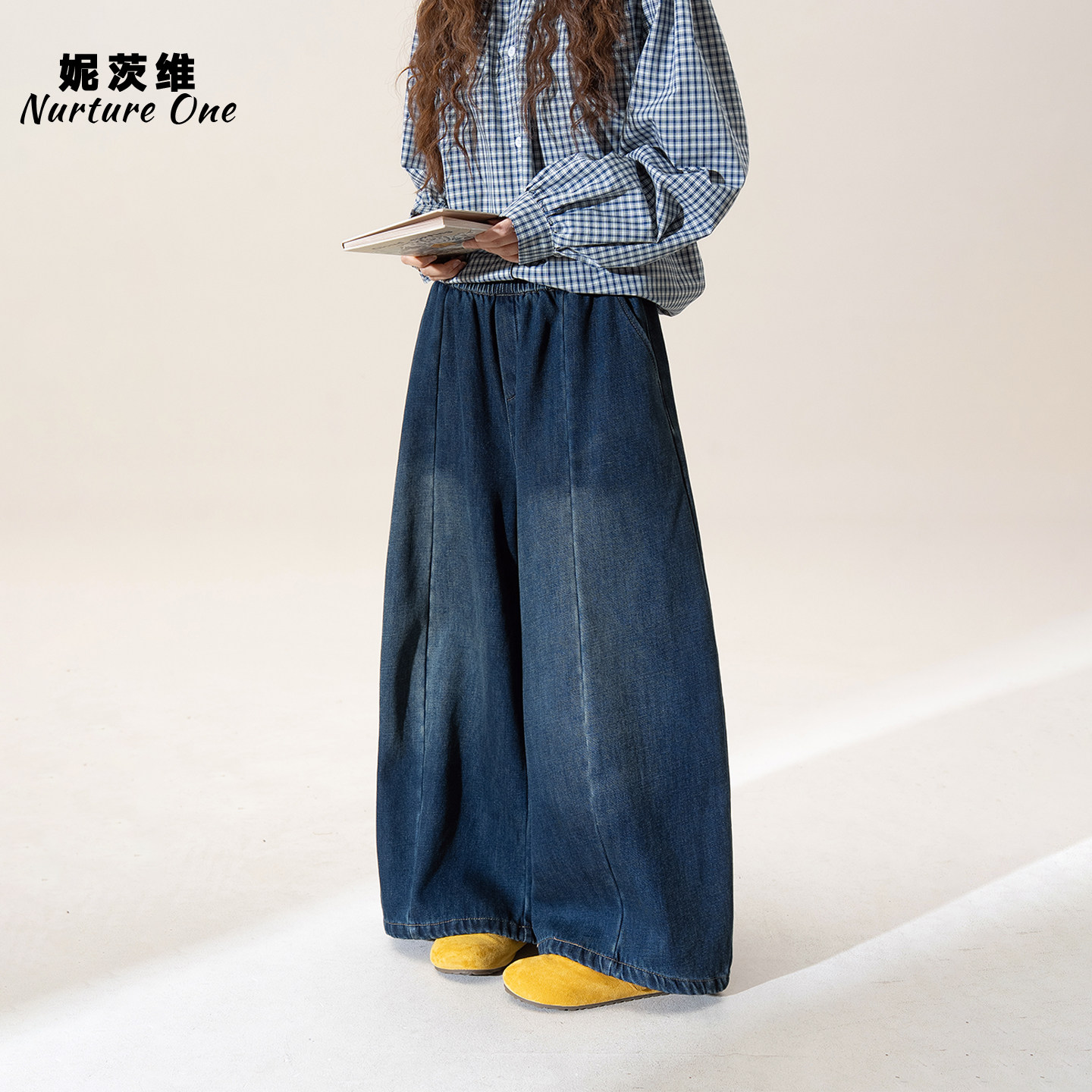 深蓝色松紧高腰直筒加绒牛仔弯刀裤女冬季新款宽松百搭阔腿休闲裤