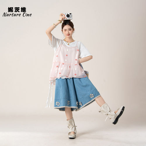 微透波点马甲短袖T恤牛仔短裤女