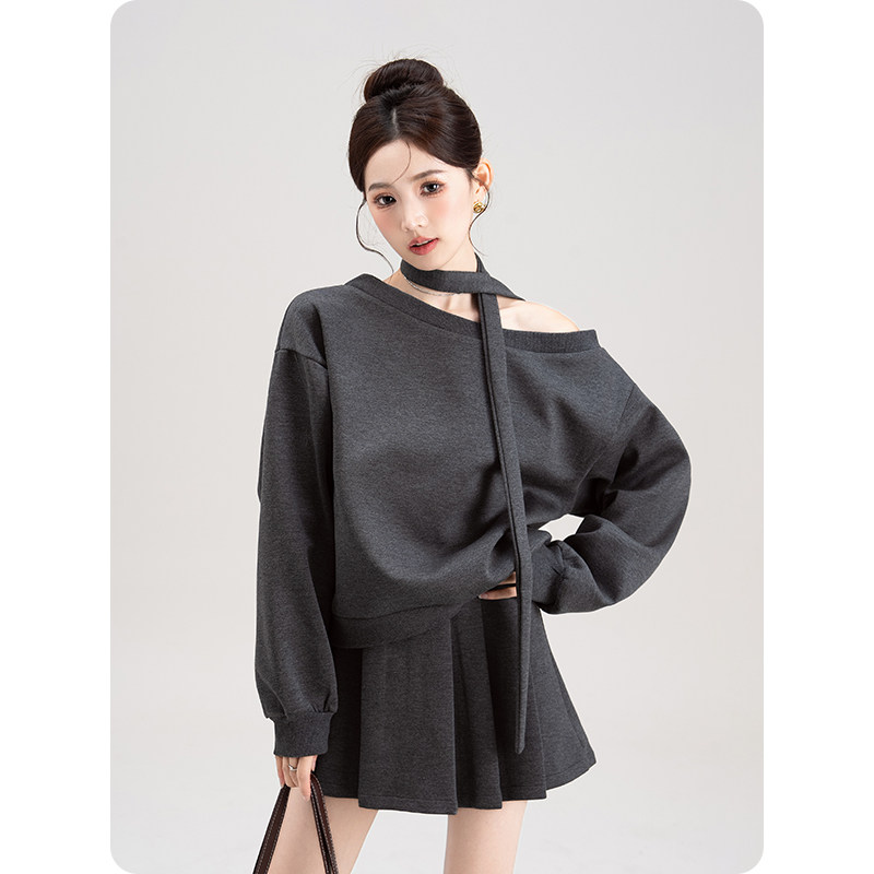 慵懒风斜领套头卫衣女2026春季新款显瘦压褶半身裙两件套装配系带,女装/女士精品,时尚套装,淘宝优惠券,粉丝福利购,淘宝优惠卷