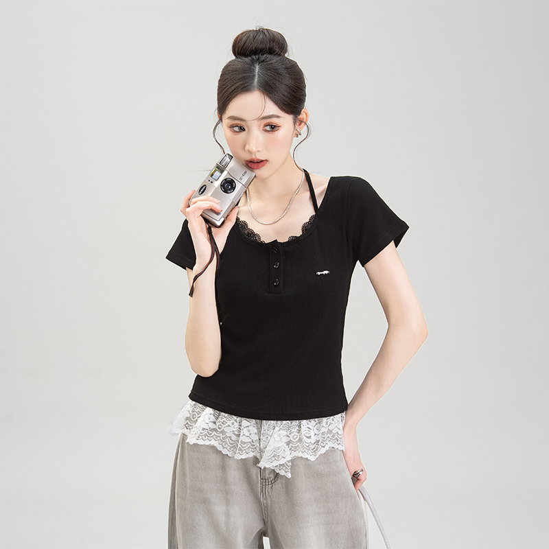 妮茨维黑色纯欲蕾丝边短袖T恤女夏季新款假两件收腰显瘦挂脖上衣