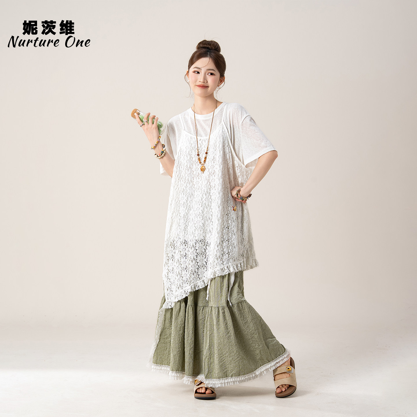 妮茨维【白纱逐风】不规则提花刺绣吊带裙女森系穿搭叠T恤半身裙