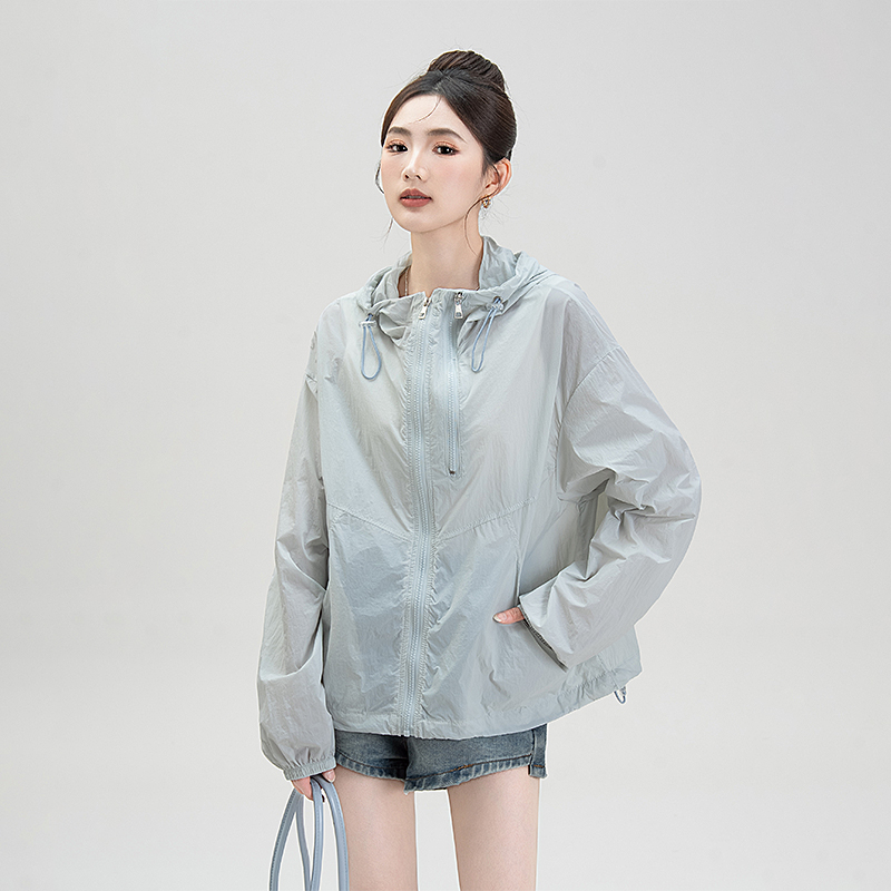 蓝色连帽抽绳山系防晒衣女2025夏季新款户外速干宽松时尚防晒外套