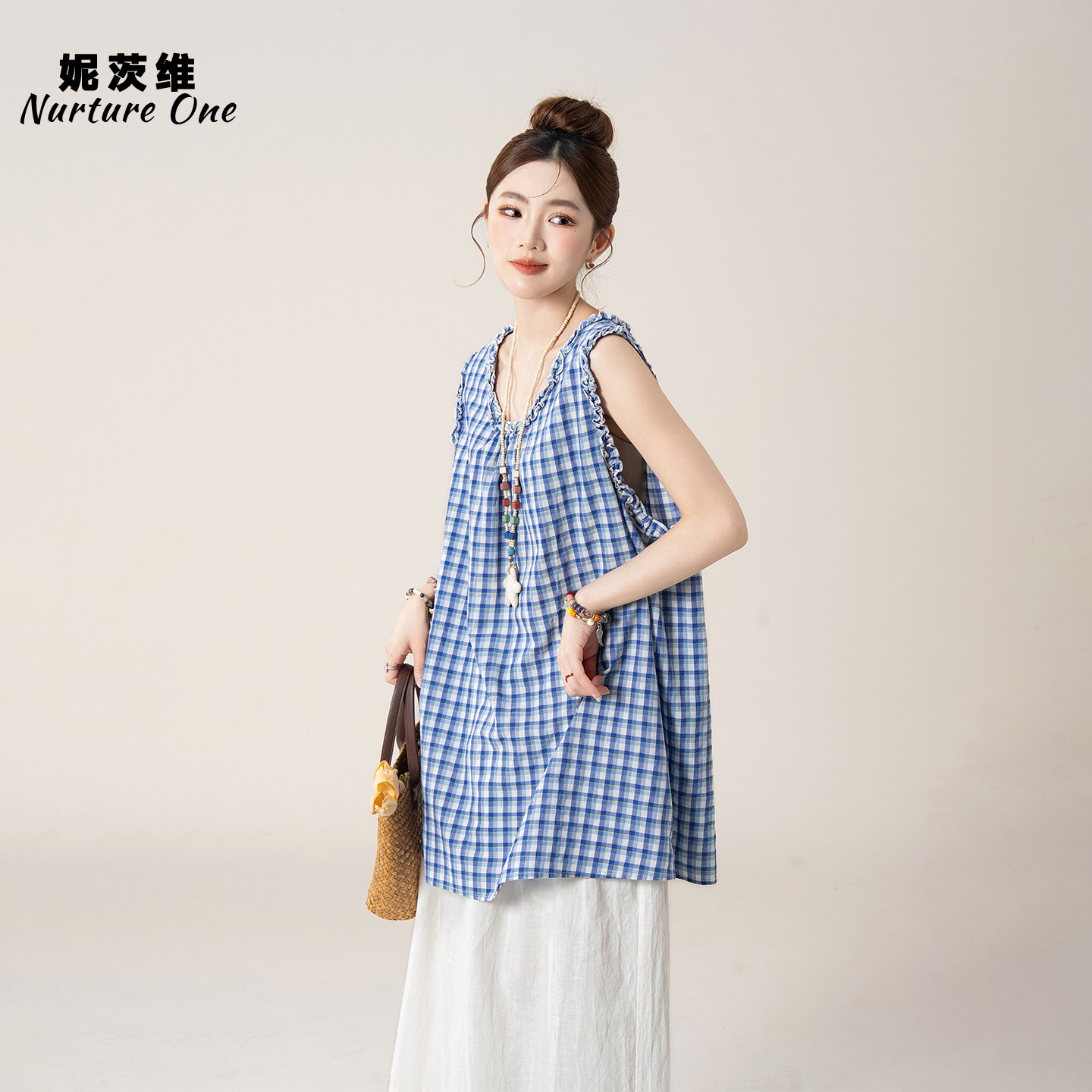 妮茨维【蓝格森韵】花边领格子上衣女秀气格纹穿搭阔腿休闲裤套装