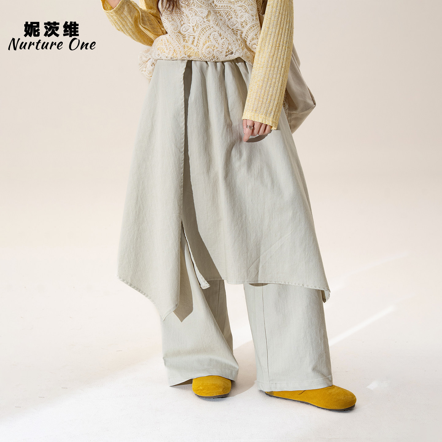 妮茨维【浅调柔垂】杏色假两件拼接裙裤女春日穿搭垂感直筒休闲裤