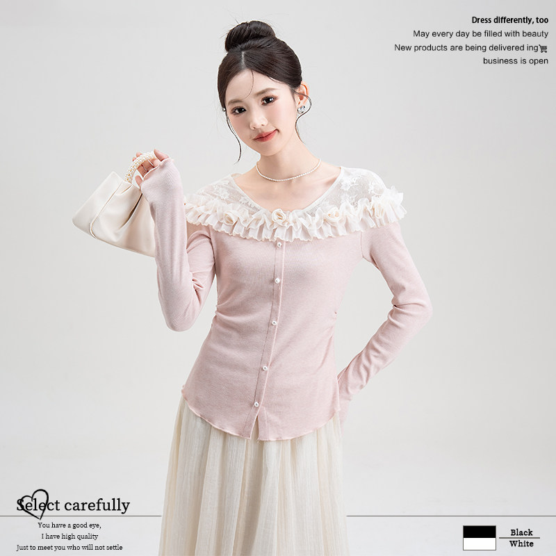 妮茨维粉色立体花朵蕾丝拼接长袖针织开衫春季新款女修身显瘦上衣,女装/女士精品,蕾丝衫/雪纺衫,淘宝优惠券,粉丝福利购,淘宝优惠卷