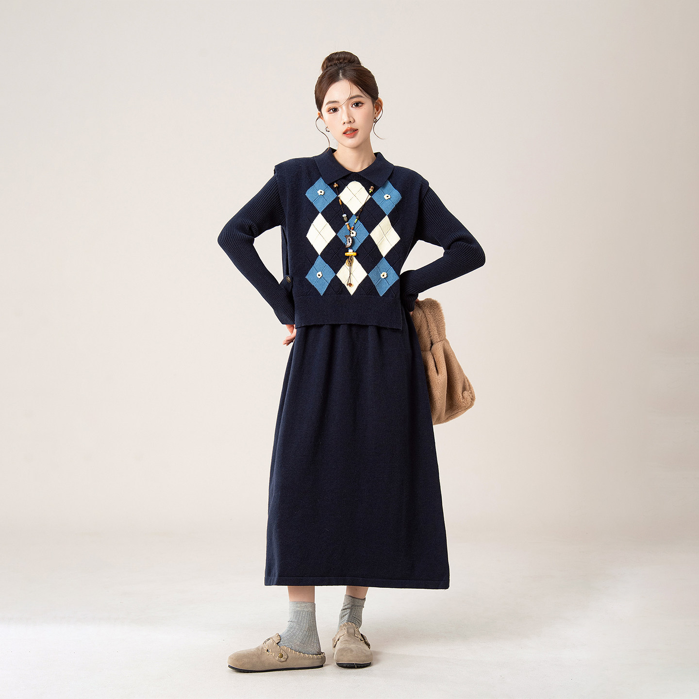 藏蓝色菱格立体花朵针织衫马甲女春秋新款叠穿修身显瘦连衣裙套装,女装/女士精品,连衣裙,淘宝优惠券,粉丝福利购,淘宝优惠卷
