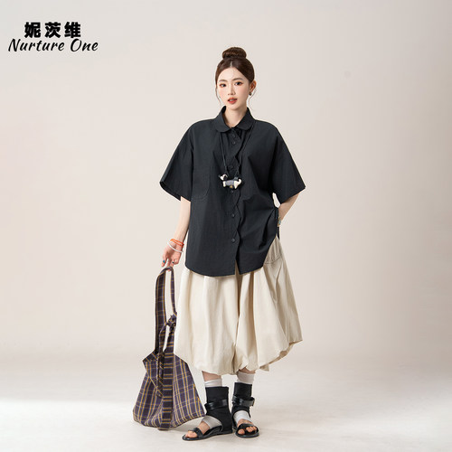 文艺简约宽松衬衫廓形中裤套装女