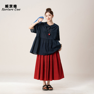 妮茨维【轻氧穿搭】娃娃领短袖衬衫女文艺复古穿搭格纹半身裙套装