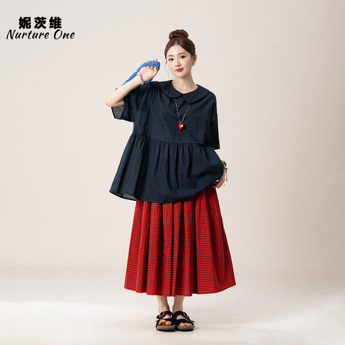 娃娃领短袖衬衫格纹半身裙套装女